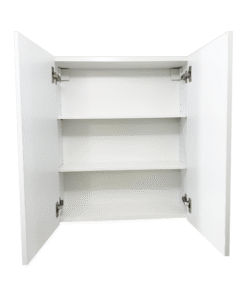 Pakabinama vonios spintelė balta blizgi be veidrodžio atidaryta